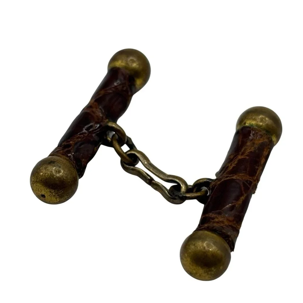 Vtg Antique Cufflinks Brown Snakeskin Leather Brass Barbell ‎ Chain Link RARE